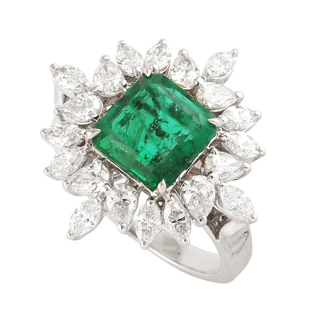 Square Cut Emerald Prong Set Rose Cut Diamond Wedding Ring In White Gold