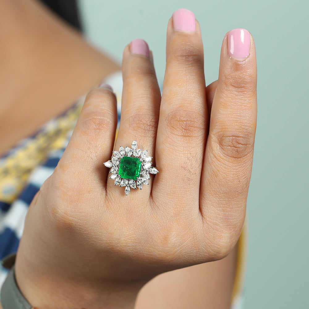 Square Cut Emerald Prong Set Rose Cut Diamond Wedding Ring In White Gold