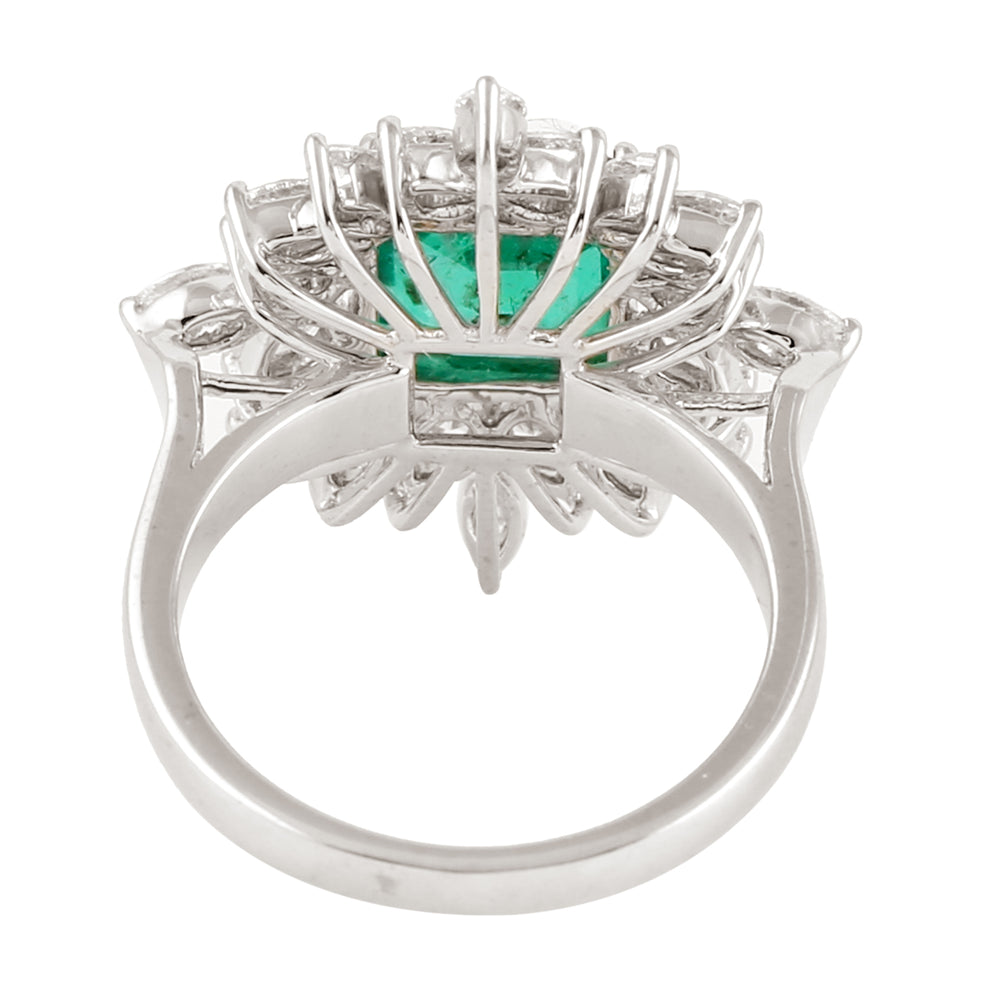 Square Cut Emerald Prong Set Rose Cut Diamond Wedding Ring In White Gold