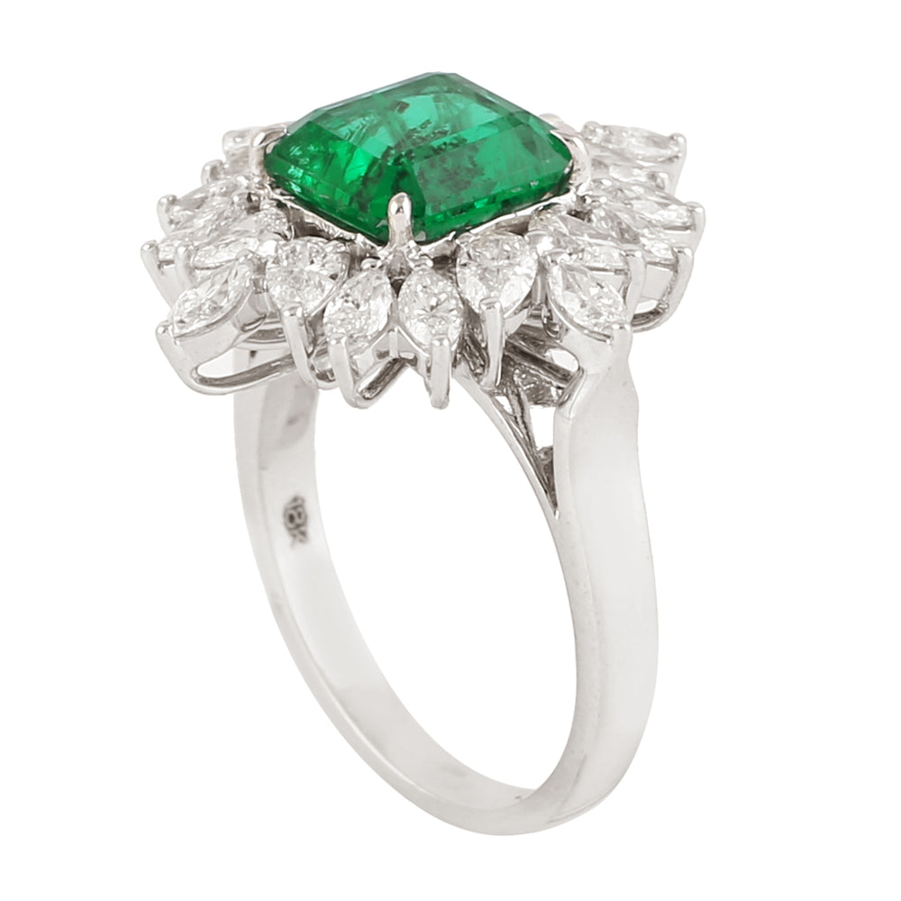 Square Cut Emerald Prong Set Rose Cut Diamond Wedding Ring In White Gold