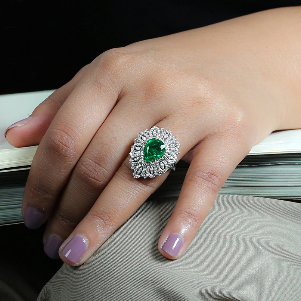 Pear Cut Emerald May Birthstone Wedding Ring Pave Diamond In 18K White Gold