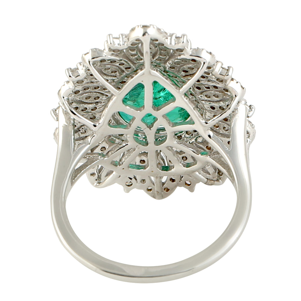 Pear Cut Emerald May Birthstone Wedding Ring Pave Diamond In 18K White Gold