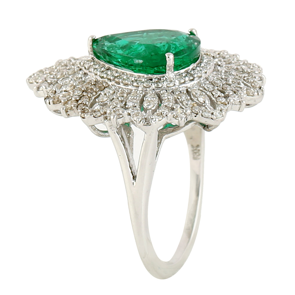 Pear Cut Emerald May Birthstone Wedding Ring Pave Diamond In 18K White Gold