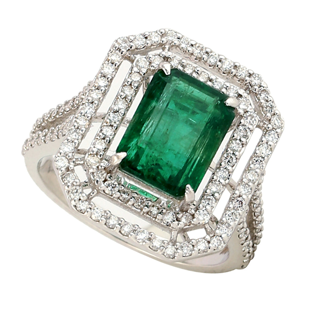 Emerald Cut Emerald May Birthstone Pave Diamond Solitaire Ring In 14K White Gold