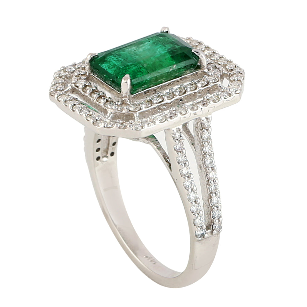 Emerald Cut Emerald May Birthstone Pave Diamond Solitaire Ring In 14K White Gold