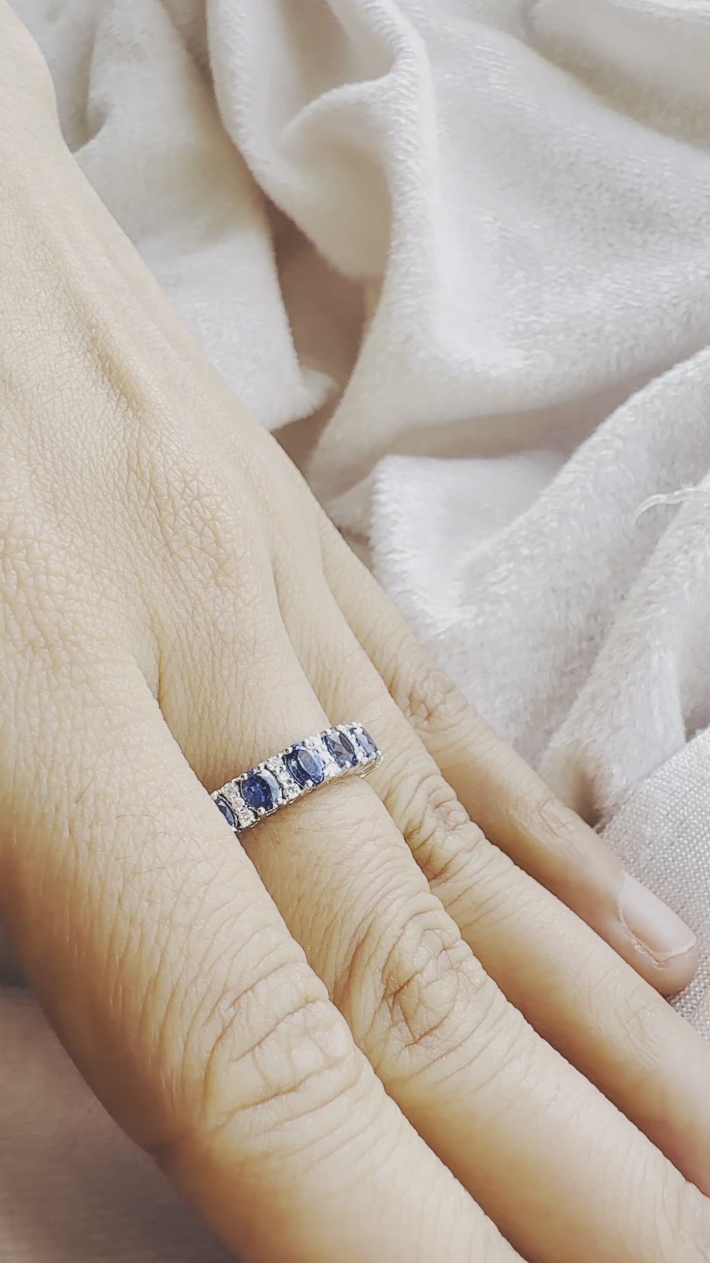 18K White Gold Oval Sapphire & Diamond Half Eternity Band Ring