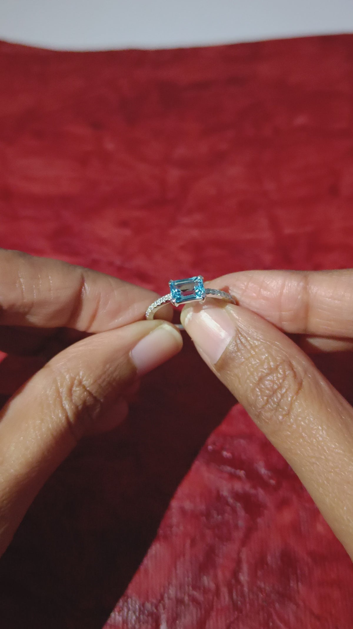 Baguette Cut Blue Topaz Pave Diamond Ring In 18k White Gold