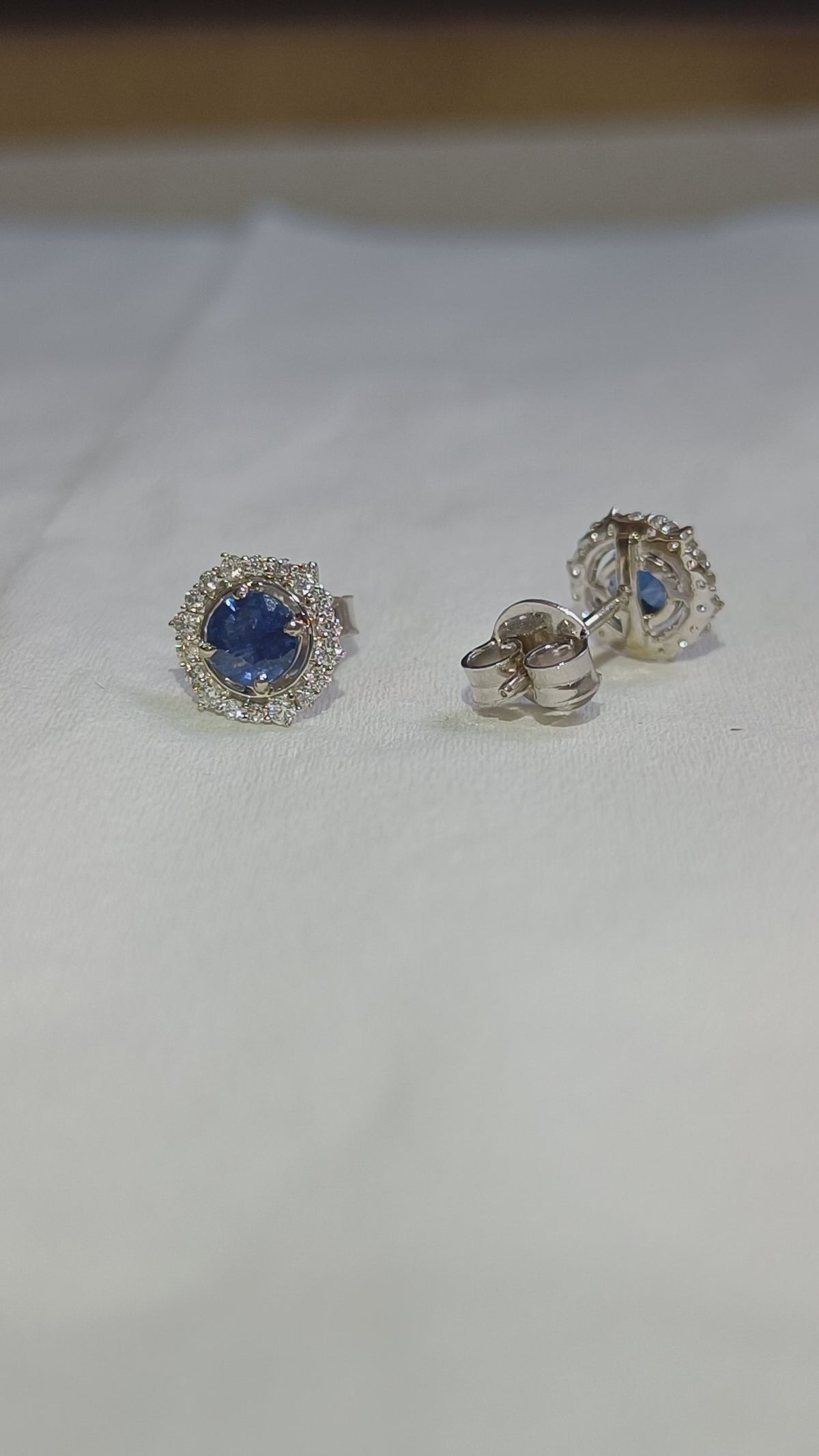 Blue Sapphire Pave Diamond Stud Earrings In 14K White Gold