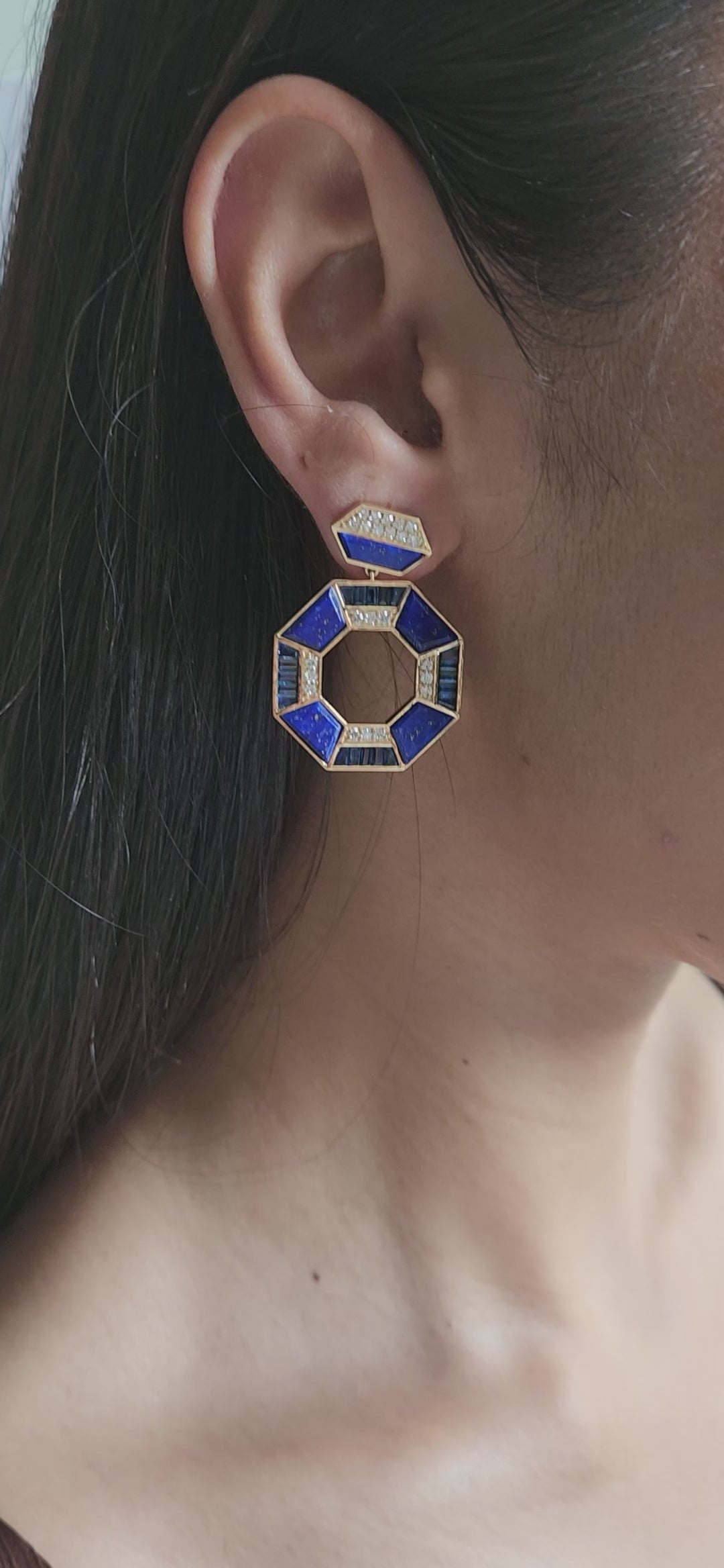 18K Yellow Gold Lapis Lazuli, Blue Sapphire & Diamond Geometric Octagon Earrings