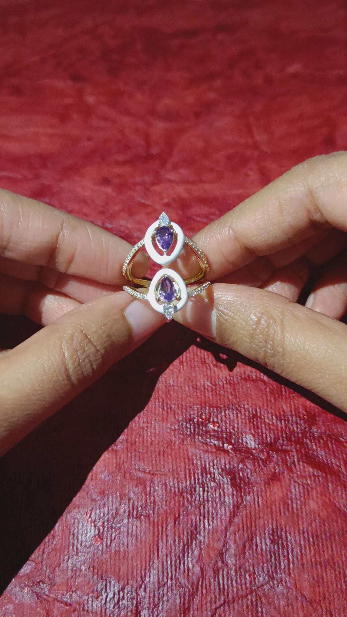 14k Yellow Gold Micro Pave Diamond Pear Amethyst Enamel Designer Ring