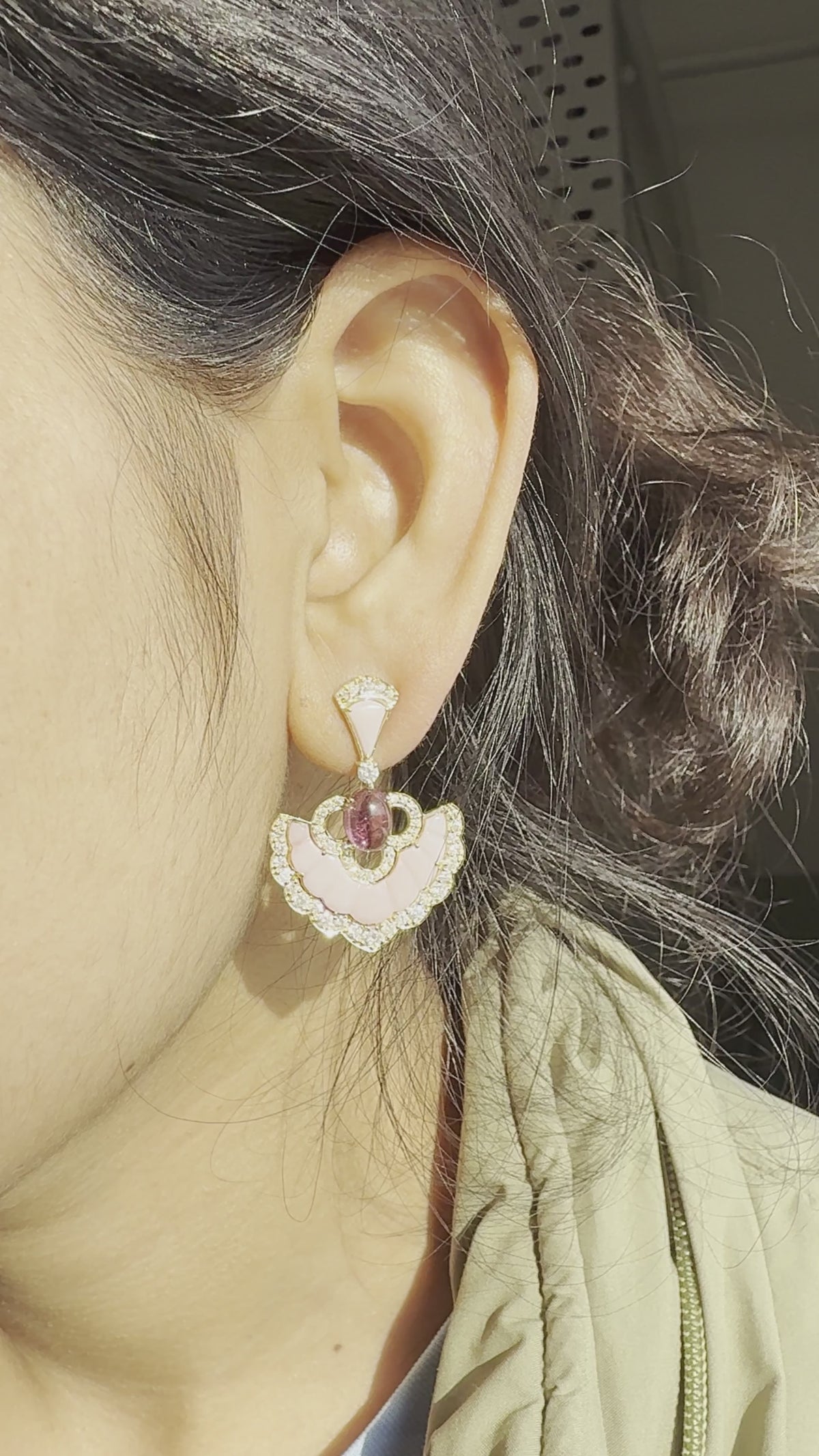 Pink Tourmaline & Carved Opal Pave Diamond Dangle Earrings in 18K Gold