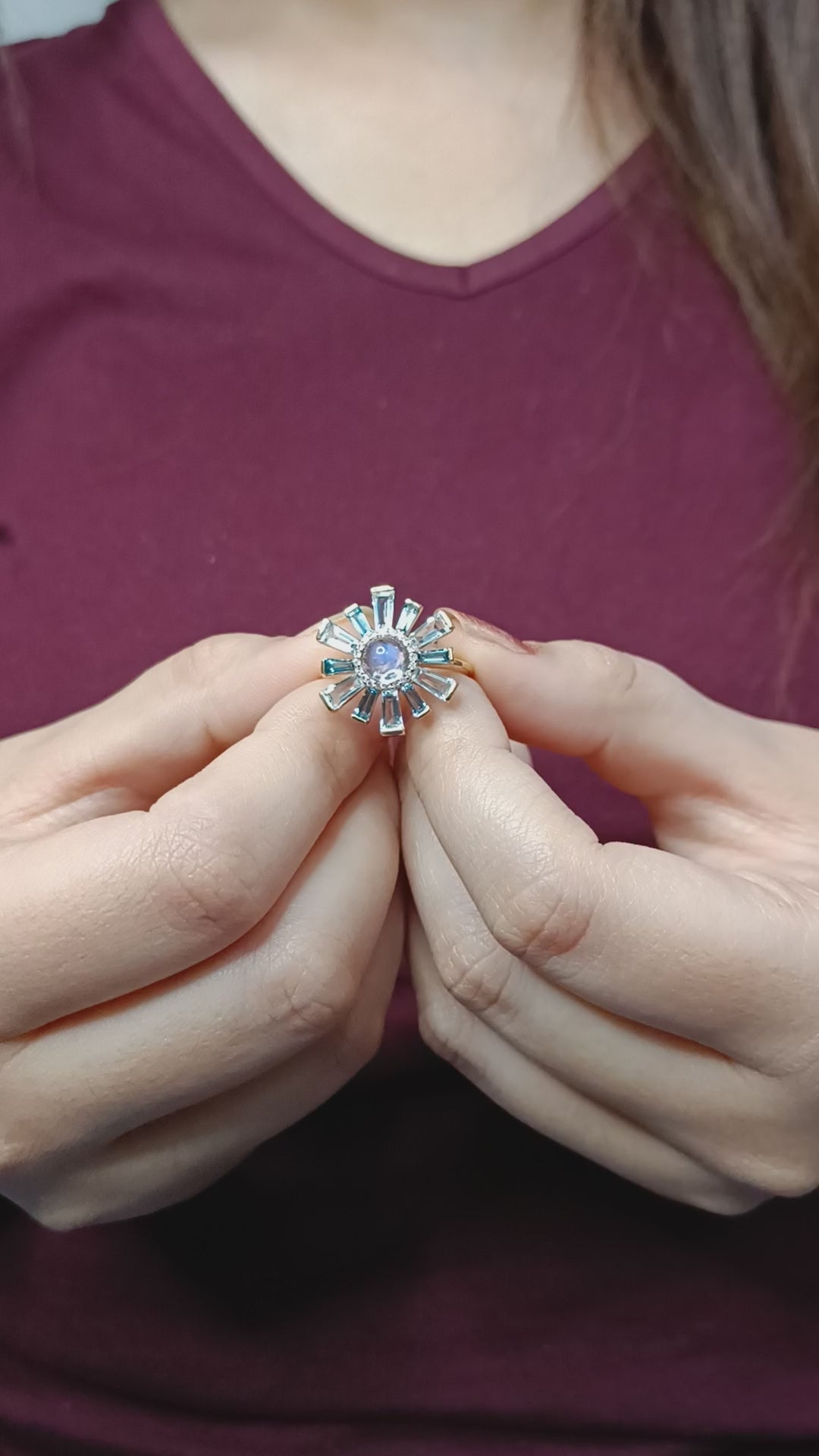 Tapered Blue Topaz Moonstone Pave Diamond Sunburst Ring In 18K Gold