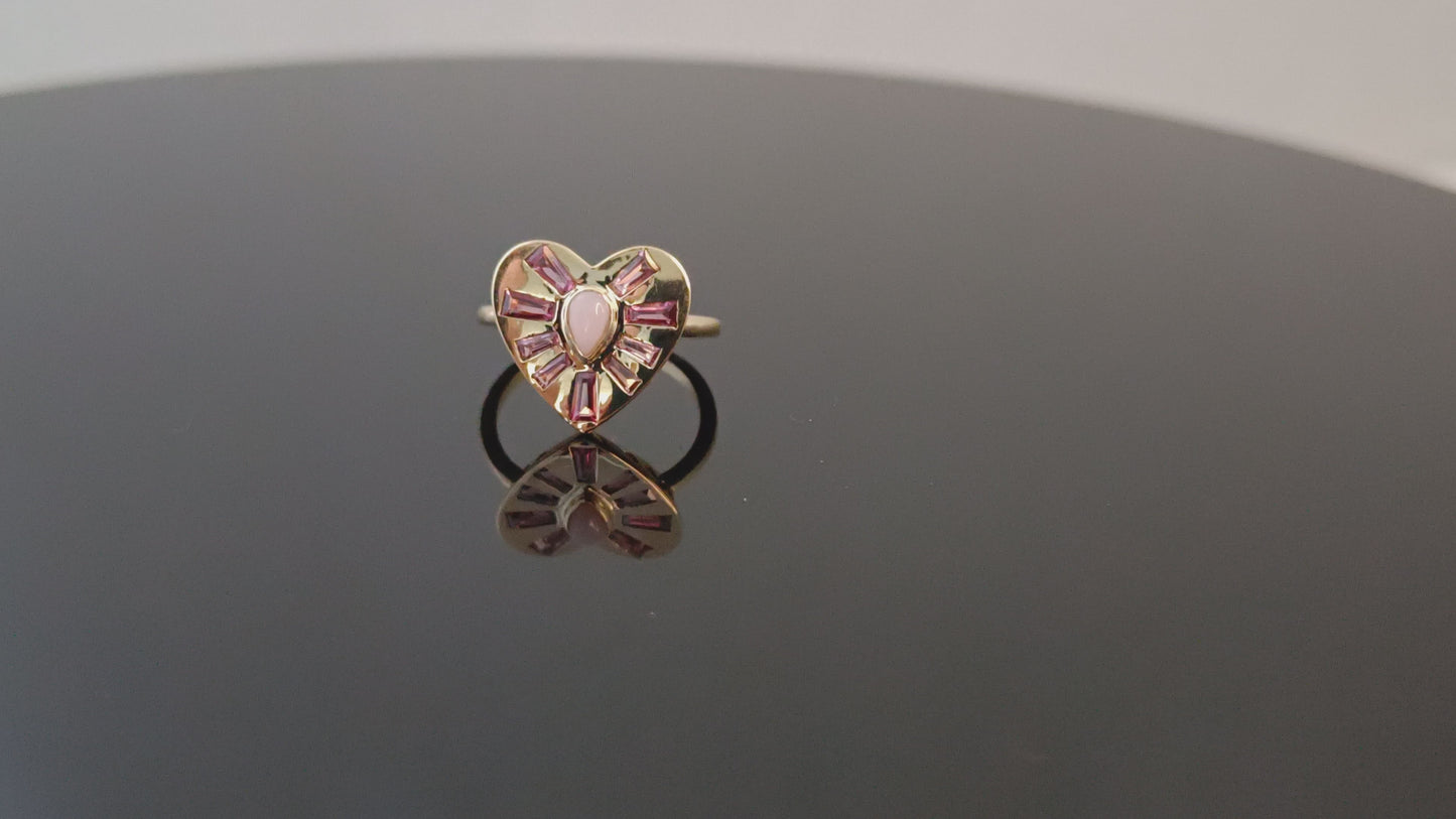 Tapered Rhodolite Tourmaline Opal Gemstone Heart Ring In 18k Yellow Gold