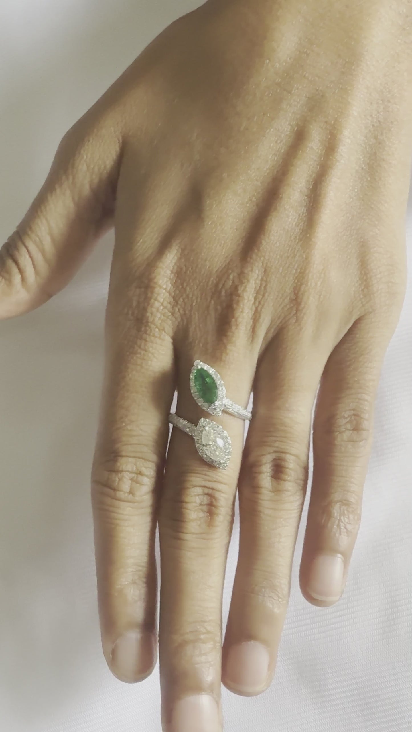 18K White Gold Emerald & Diamond Marquise Bypass Ring