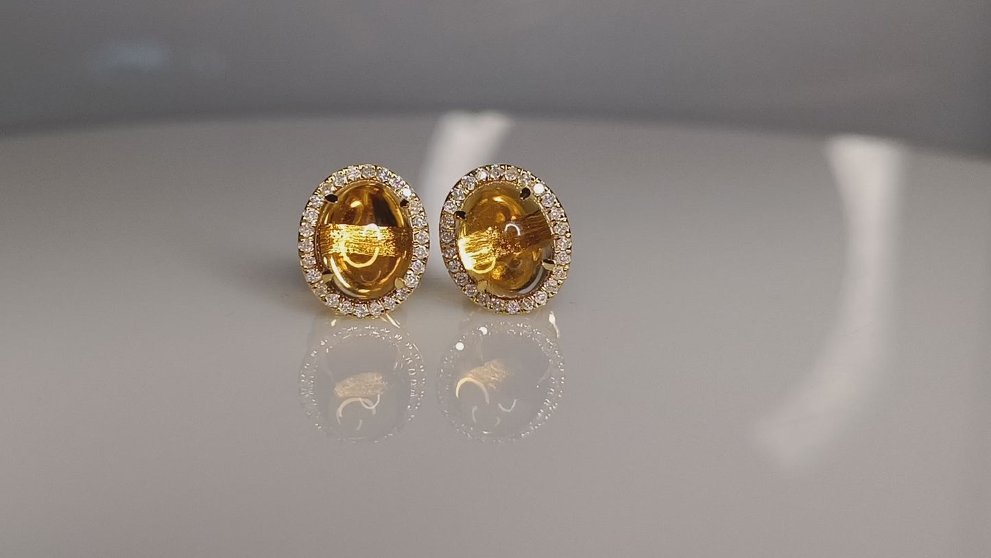 Oval Citrine Stud Earrings Pave Diamond In 14k Yellow Gold