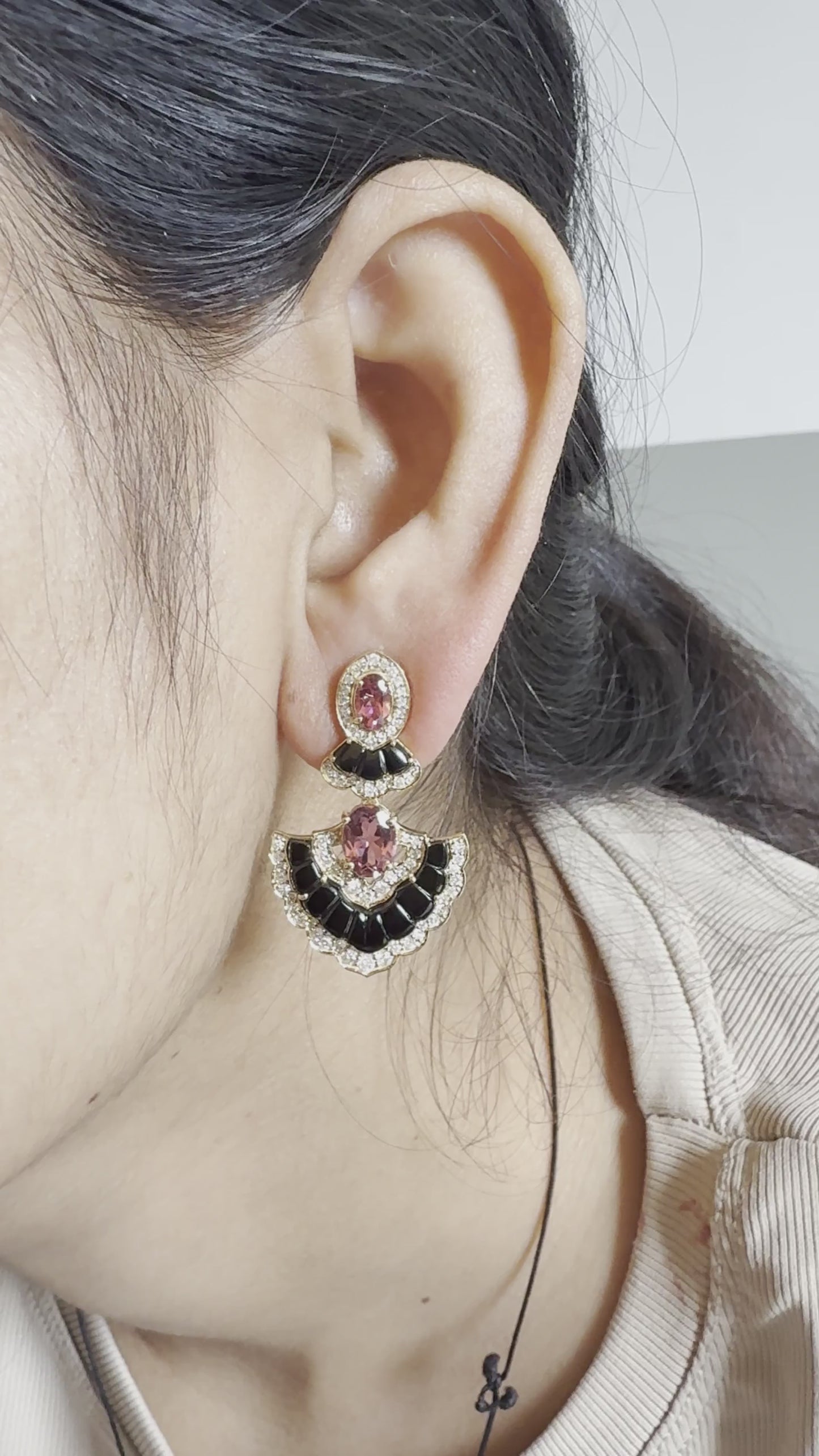 18K Yellow Gold Black Onyx Pink Tourmaline Diamond Drop Earrings