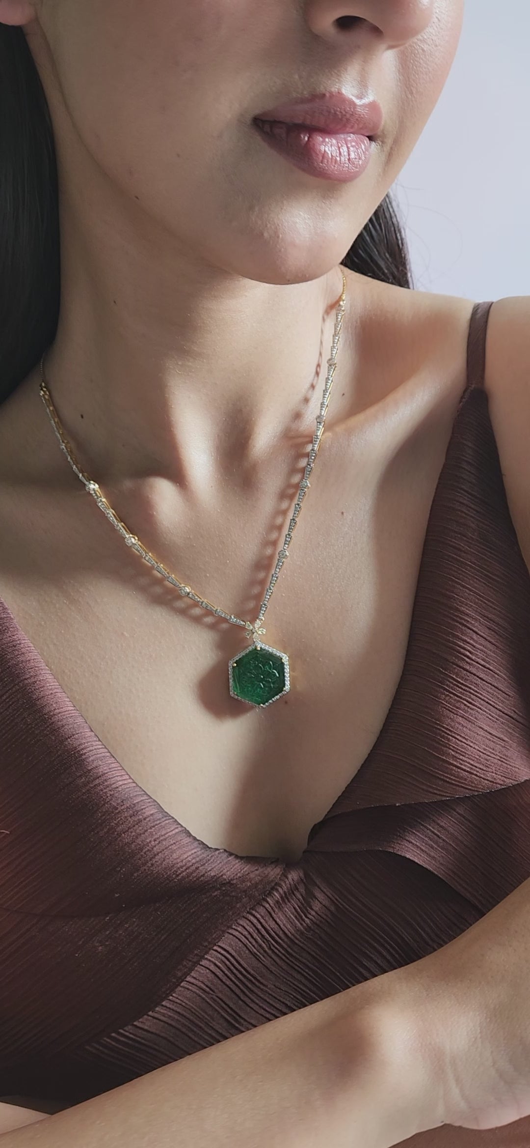 14K Two-Tone Gold Carved Emerald & Diamond Hexagon Pendant Necklace