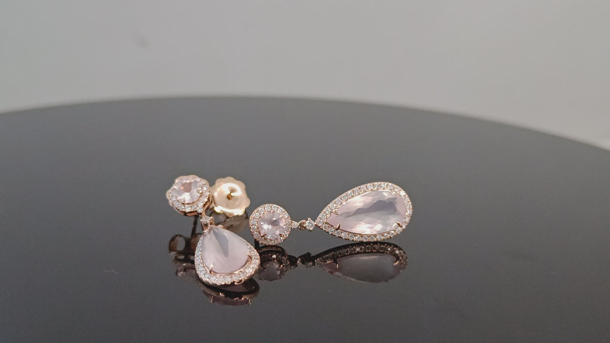 Rose Quartz Gemstone & Diamond Drop Earrings in 18K Rose Gold