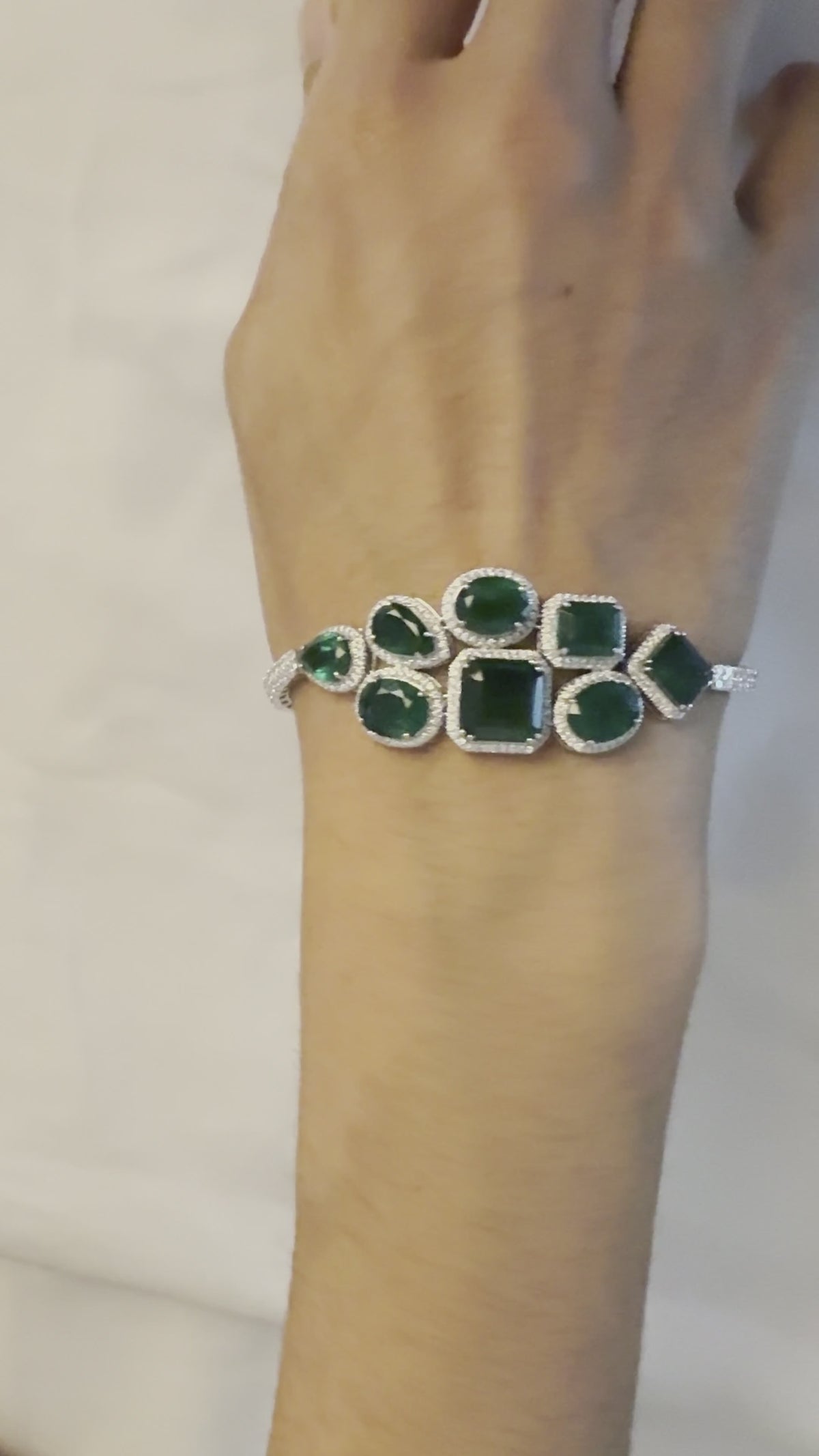14K White Gold Emerald Diamond Multi Shape Statement Bracelet