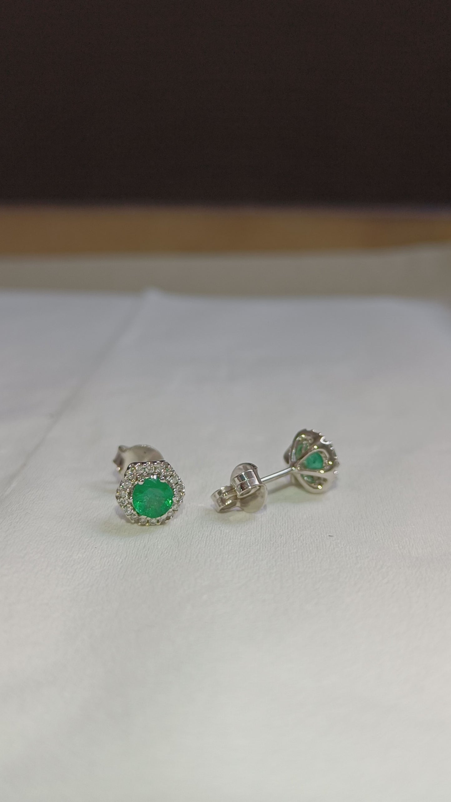 Round Cut Emerald Pave Diamond Stud Earrings In 14K White Gold