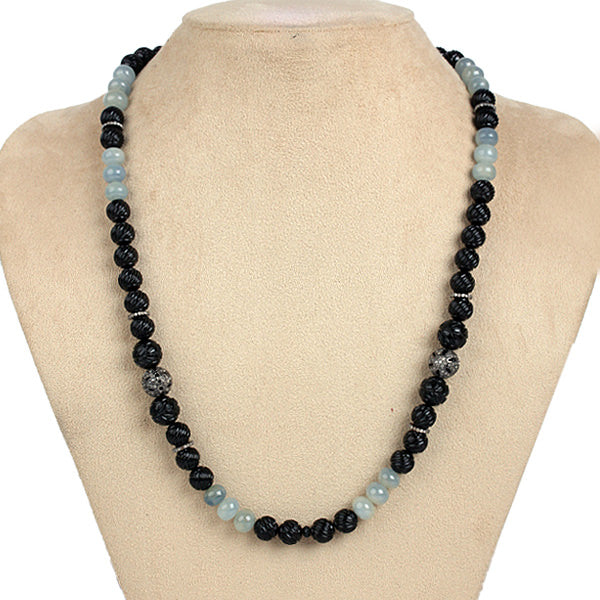 Onyx Sapphire Pave Diamond Beaded Necklace 925 Sterling Silver Jewelry