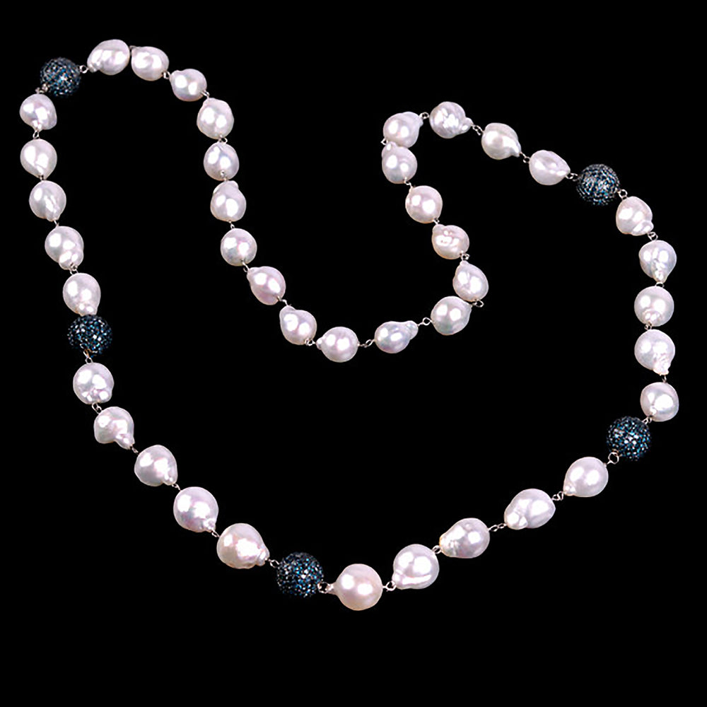 Natural Pearl Beads Blue Diamond Necklace In 18k Gold And Silver