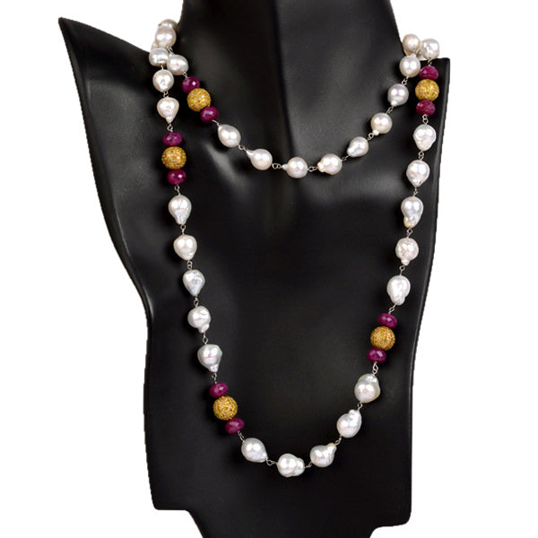 Natural Pearl Pave Diamond Ruby Beads Opera Necklace In 18k Gold Silver
