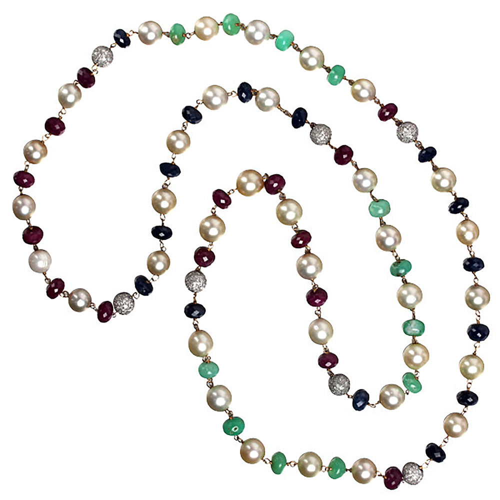 Natural Pearl Sapphire Ruby Multiple Stone Beads Diamond Lariat Necklace In Gold Silver