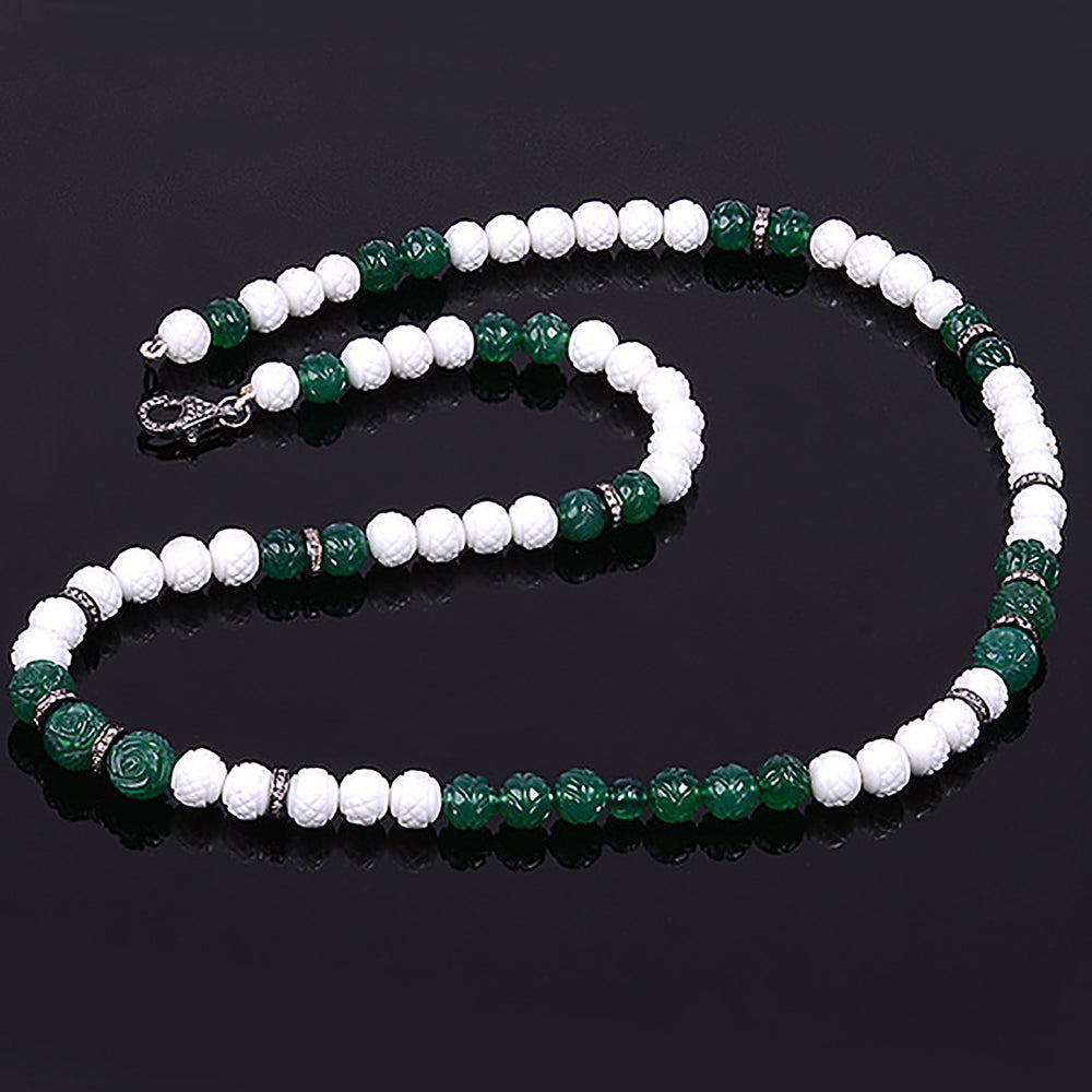 Carved Green Onyx Agate Diamond Beads Opera Necklace In 925 Sterling Silver
