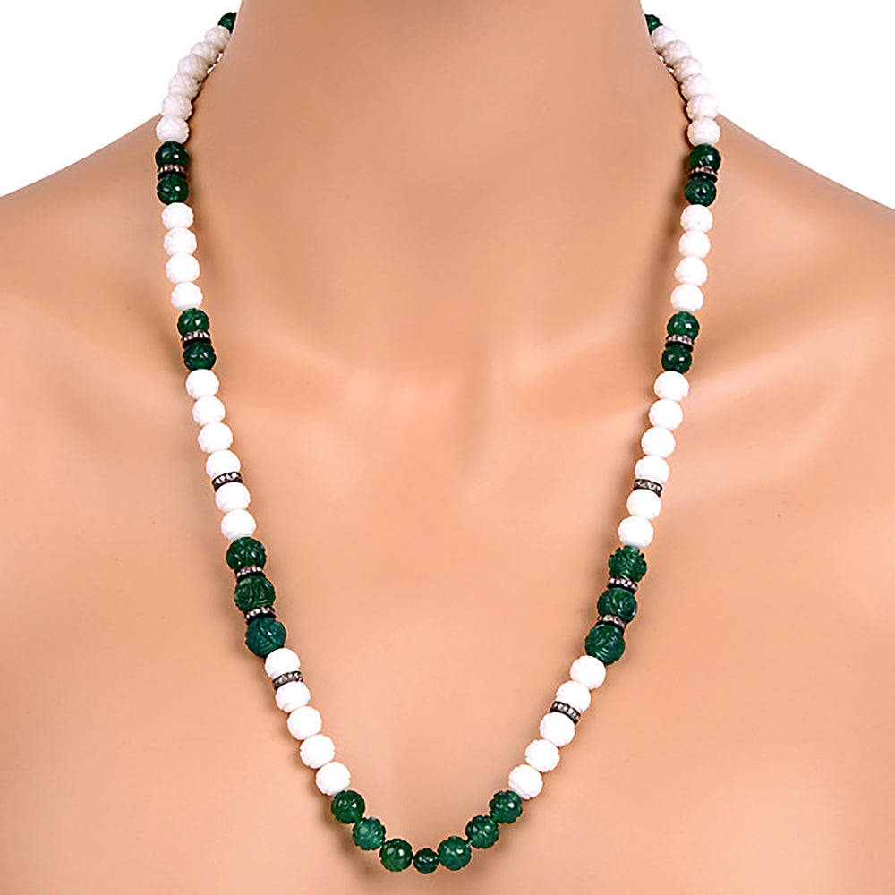 Carved Green Onyx Agate Diamond Beads Opera Necklace In 925 Sterling Silver