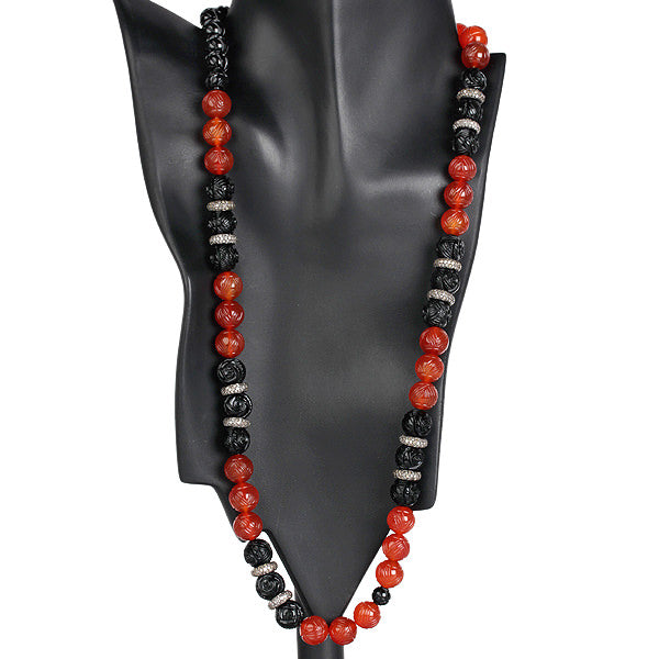 Natural Onyx Agate Pave Diamond Opera Necklace In Sterling Silver