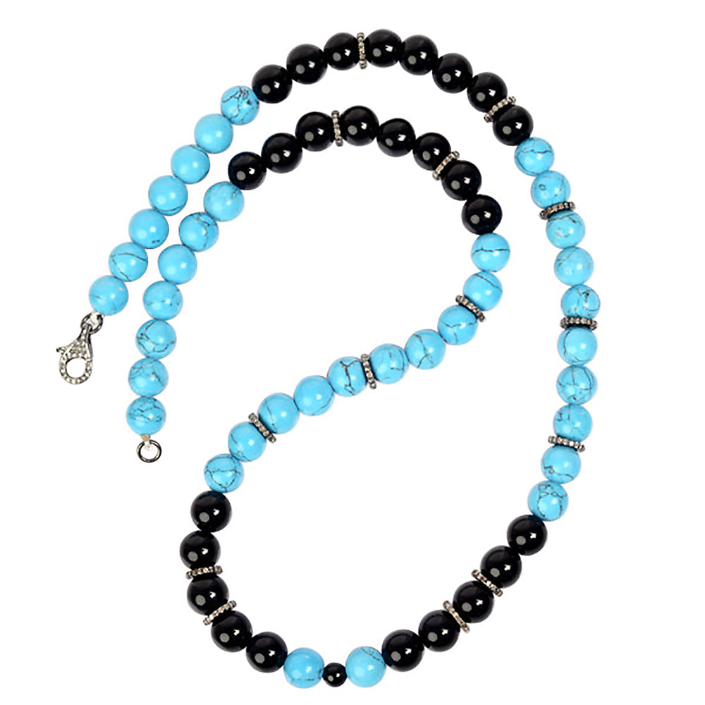 Beauutiful Turquoise Onyx Diamond Opera Necklace In 925 Sterling Silver