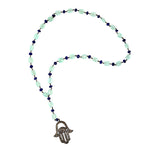 Natural Agate Lapis Diamond Hamsa Charm Opera Necklace In Sterling Silver