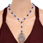 Natural Agate Lapis Diamond Hamsa Charm Opera Necklace In Sterling Silver