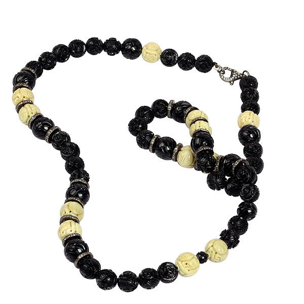 Onyx Gemstone Diamond Sterling Silver Beaded Necklace Carving Jewelry