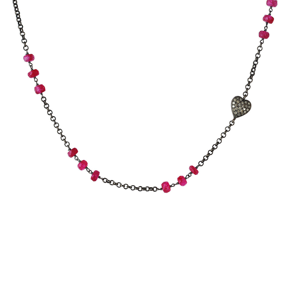 Heart Charm Chain Necklace Diamond Ruby Beads 925 Sterling Silver Jewelry