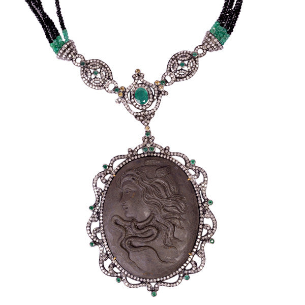 925 Silver Pave Diamond Emerald Black Onyx Beads Cameo Necklace 18k Gold
