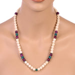 Onyx Gemstone Oxidized Carved Matinee Necklace Beaded Ruby Diamond 925 Silver