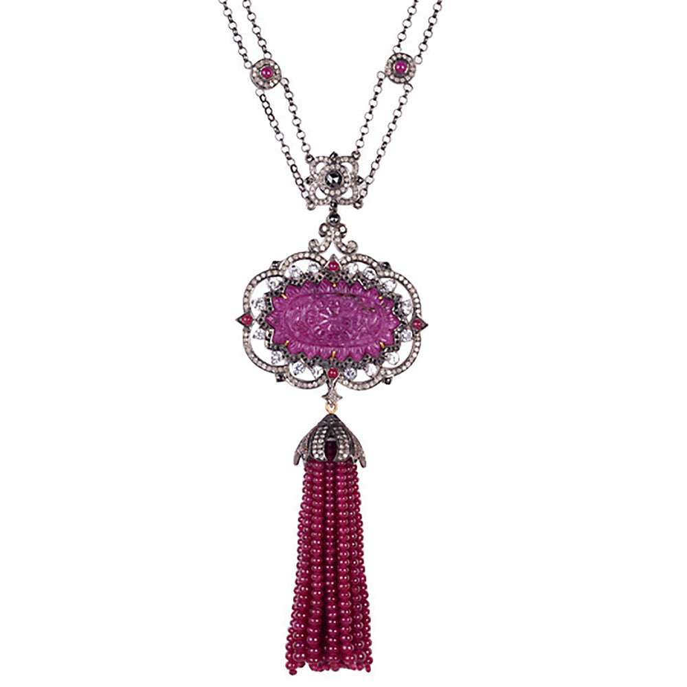 Natural Ruby Matinee Necklace 18k Gold 925 Silver Diamond Jewelry