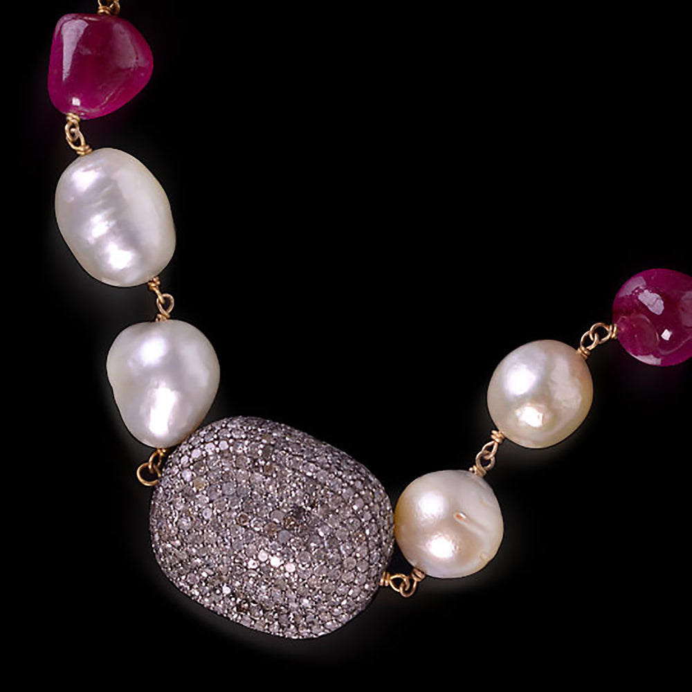 Natural Pearl Ruby Beads Opera Necklace In Sterling Silver