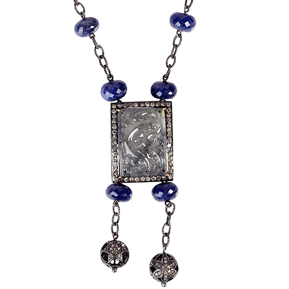 Natural Blue Sapphire Diamond Vintage Look Opera Necklace 14k Gold Silver