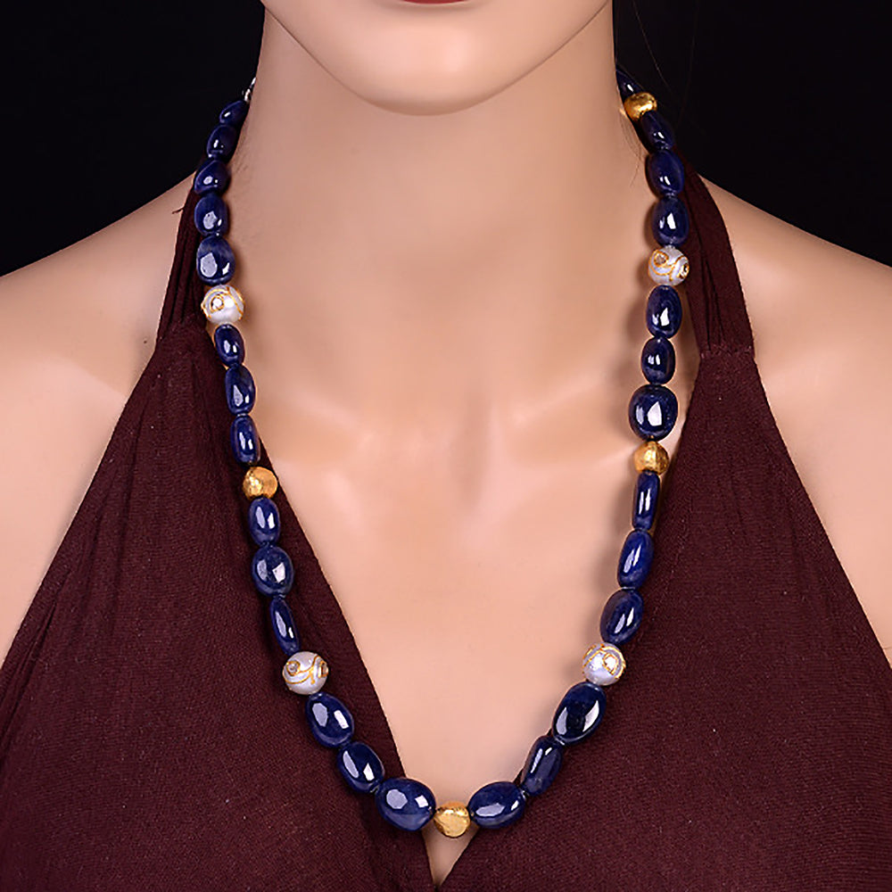 18k Gold Silver Blue Sapphire Beads Diamond Opera Necklace Gift