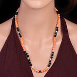Carved Coral Onyx Bead Pave Diamond Matinee Necklace In Sterling Silver