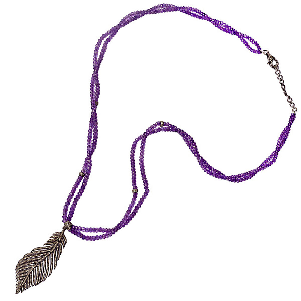 Natureal Amethyst Pave Diamond Feather Design Charm Opera Necklace In Silver