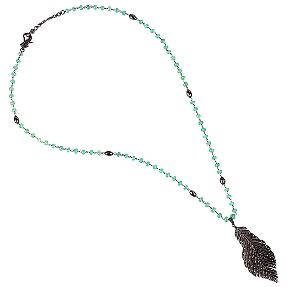 Emerald Diamond Feather Style Bead Necklace 925 Sterling Silver Jewelry