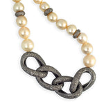 Black Diamond Link Chain Design Pearl Beaded Princess Necklace In Silver