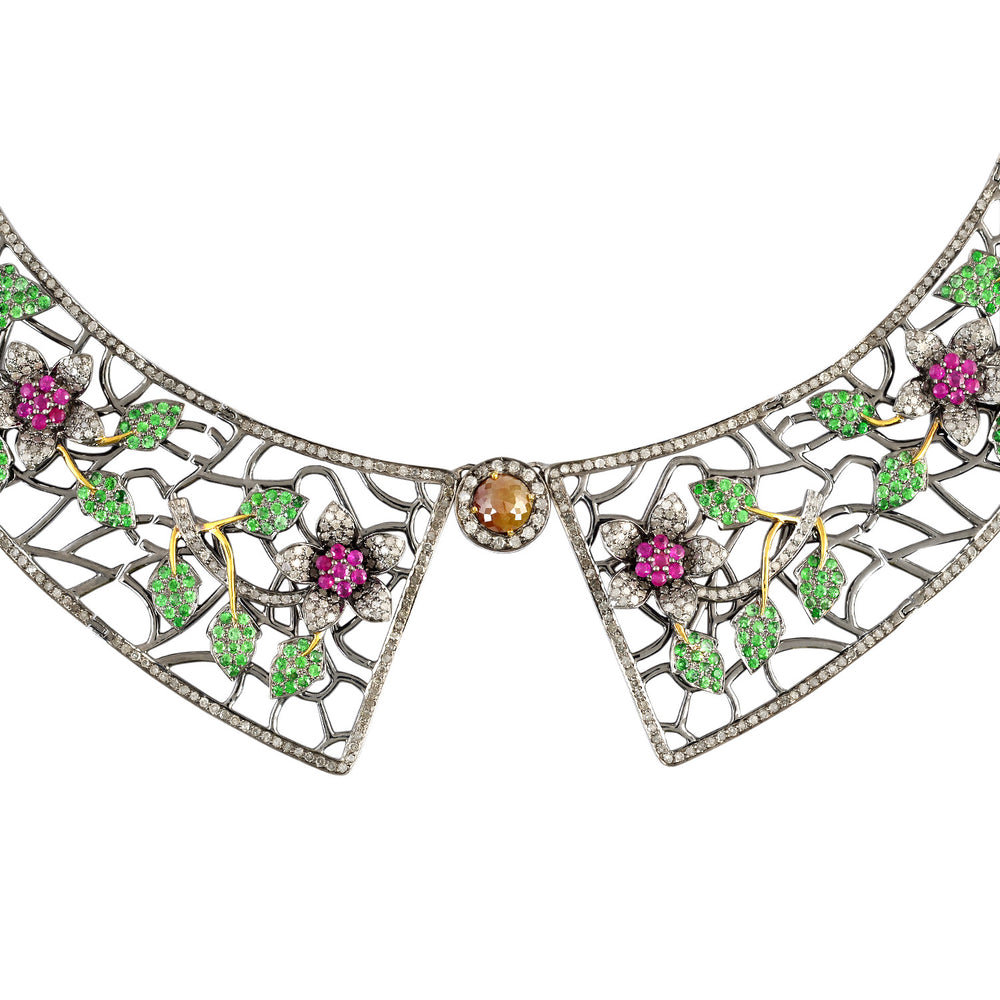 Ruby Tsavorite Diamond Gold 925 Sterling Silver Collar Necklace Gemstone Jewelry