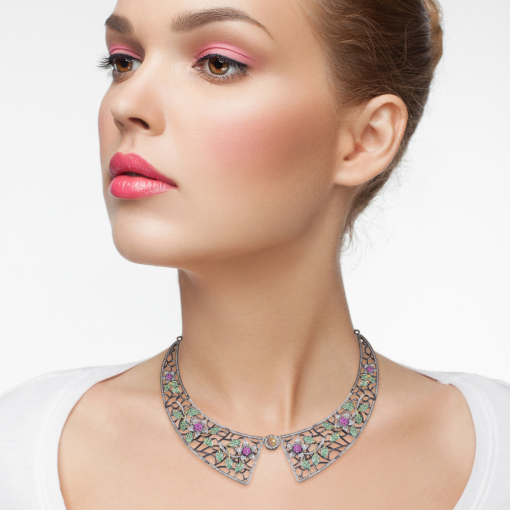 Ruby Tsavorite Diamond Gold 925 Sterling Silver Collar Necklace Gemstone Jewelry