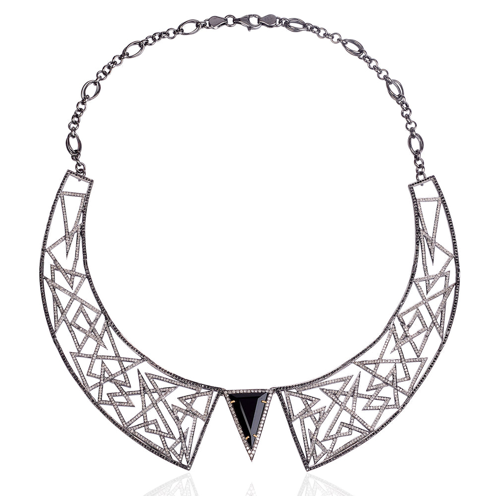 Trillion Onyx Pave Diamond Collar Designer Necklace In 18k Gold Silver