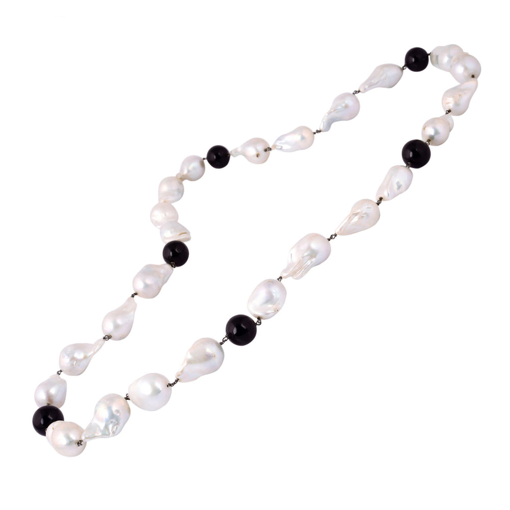 Natural Pearl Chinese Onyx 925 Sterling Silver Rope Lariat Necklace For Gift